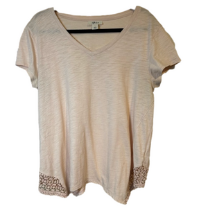 STYLE & CO Size L Light Pink Asymmetrical
T-Shirt with Crochet Hem Accent